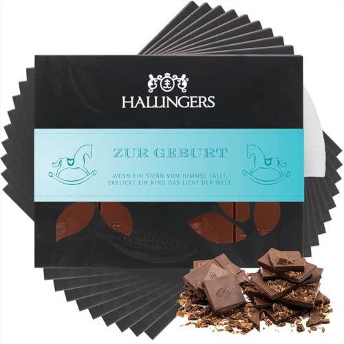 Hallingers Genuss Manufaktur Schokolade Glückwunsch-Geschenk - Tafel Edelkakao handgeschöpft ohne Alkohol edler Karton 10x Zur Geburt Pur, Geschenkidee für Frauen Männer