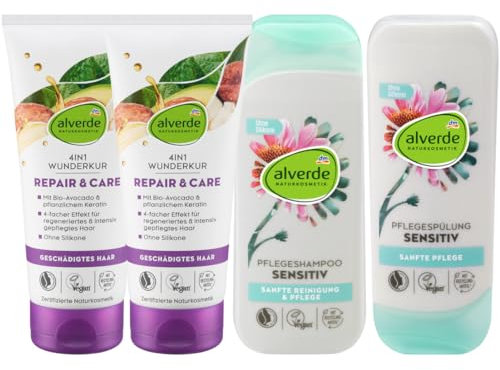 alverde NATURKOSMETIK 4er-Set Haarpflege: Haarkur 4in1 REPAIR & CARE Wunderkur (2 x 200 ml) + Shampoo SENSITIV Echinacea Jojoba (200 ml) + Pflegespülung SENSITIV Echinacea Jojoba (200 ml), 800 ml