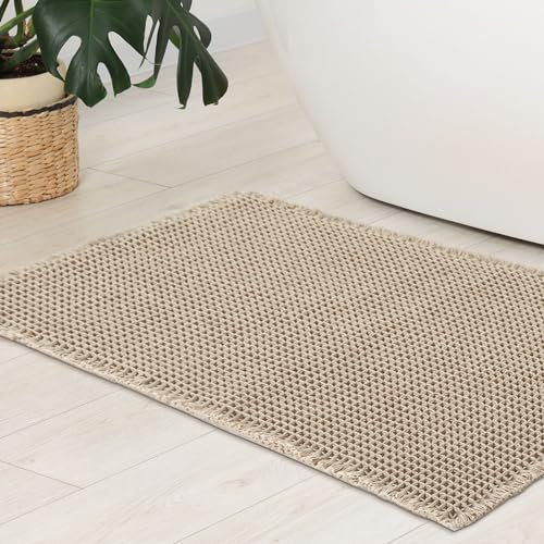 WONGS BEDDING Waffel Badematte,Super Saugfähige Badezimmerteppich,rutschfeste Badteppich für Badezimmerboden Badvorleger Waschbar mit Quasten Ultraweich,Beige 60x40cm