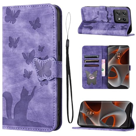 LSPCASA Carcasa para Motorola Edge 50 Pro 5G 6.7 Pulgadas Material De Piel Sintética Funda Motorola Edge 50 Pro con Ranuras para Tarjetas Patrón De Mariposa De Gato Fundas Viola