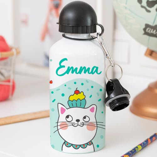 Transparent Gift Botella de Agua Infantil Personalizada con Nombre Gatitos Niño y Niña Colegio. Cantimplora Niños y Niñas. Regalo Original de Cumpleaños y Vuelta al Cole. Aluminio con Tapón y Pajita