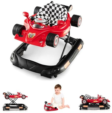 LIFEZEAL 4 in 1 Lauflernhilfe Baby, Höhenverstellbar & Klappbar Babywalker, Musikalische Lauflernhilfe mit abnehmbarem Spielzeug, Laufwagen mit bequemer Sitz, Universalräder, Ab 7 Monate (Rot)