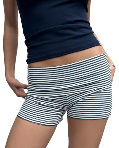 Y2k Strick-Shorts für Damen, schmale Yoga-Shorts, leger, einfarbig, umklappbar, niedrige Taille, Lounge-Shorts, Hose, gestreift, S
