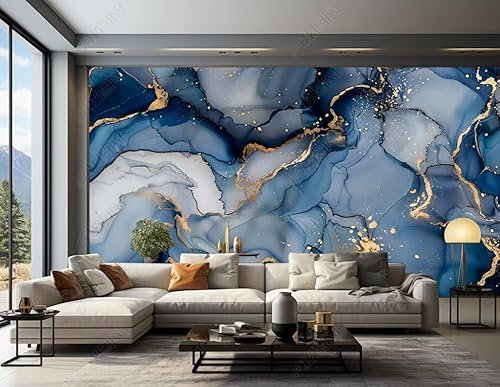 Papier Peint Panoramique Marbre Bleu Doré Papier Peint Intissé 3D Tapisserie Poster Decoration Murale Chambre Salon 300X210 Cm