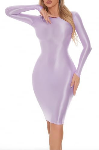 FEOYA Women's Oil Glossy Dress Ladies Long Sleeve Tight Pencil Dress Sexy Shiny Bodycon Dresses Short Wet Look Sheer Mini Skirt Midi Slim Fit Casual Club Clubbing Office Work Skirts Clubwear Purple XL