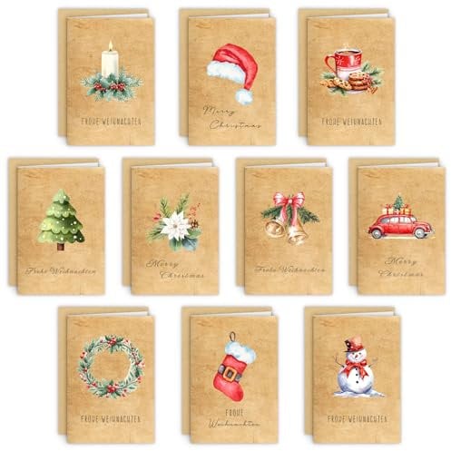 Shining She 20 Weihnachtskarten mit Umschlag Set, A6 Klappkarten Weihnachtskarten Set Frohe Weihnachten Merry Christmas Karten Xmas Aquarell Weihnacht Motive Postkarten für Freunde und Familie