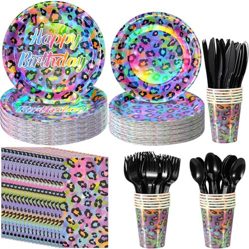 Cheetah Print Birthday Plates and Napkins Set Serve 25, Iridescent Neon Rainbow Leopard Birthday Party Decorations, Disposable Paper Plates Napkins Cups Knives Forks for Party Supplies