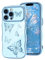 Urarssa for iPhone 13 Pro Max Case, Womens Girls Cute Butterfly Pattern Curly Wave Frame Case, Shockproof Raised Lens Protection Soft Silicone TPU Bumper Luxury Plating Glossy Phone Cover, Blue