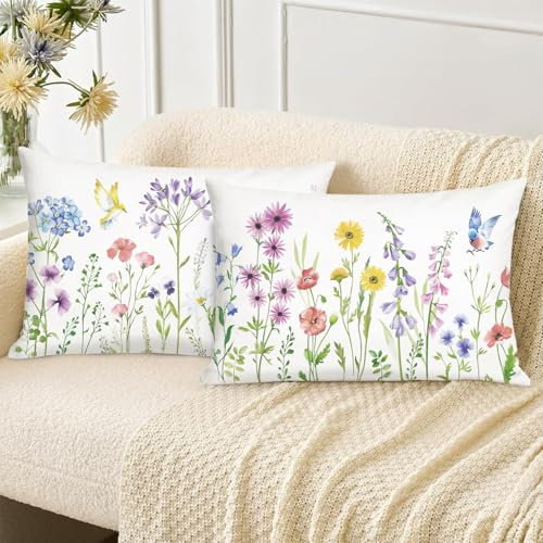 Bonhause 2er Set Kissenbezüge Blumen Garten 30 x 50 cm Blumen Vögel Samt Soft Dekorative Kissenhülle Zierkissenbezüge für Sofa Schlafzimmer Zuhause Dekoration