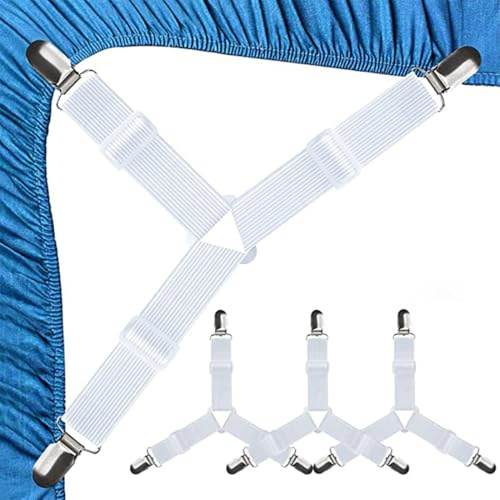 VONJUMA 4 Stück Bettlakenspanner Verstellbare Bettbefestigungen Dreieckige Bettlaken Spanner Lakenspanner Mit Metallclips Matratzenspanner Für Bettlaken Matratze Sofa Bügelbrett Weiss