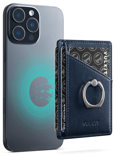VULKIT Magnetic Phone Card Holder with Ring Grip, 3 Card Slots, Compatible with iPhone 12-16 Series, Blue