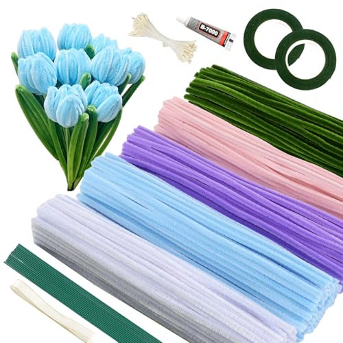 Galerie SV Pfeifenputzer zum Basteln Set, 400 Stück Pfeifenreiniger 5 Farben Blumenstrauß Pfeifenreiniger Blumen mit Geschenkband, Klebeband, Perlenaufnäher, Staubblätter für DIY Geschenke und