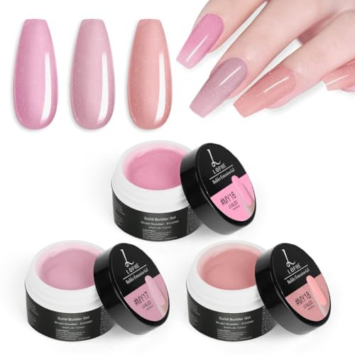 LOPHE 3PCS Builder Nail Gel Kit,Hard Gel Builder for Nail Extension,Pink glitter Non-Stick Hand Nail Extension Gel for Carving Patterns,LED UV Nail Builder Gel For Nails Strengthen Nail Manicure,15ML