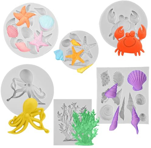 6 Pezzi Stampi in Silicone a Tema Marino, Tema Marino Stampi Fondente Stampo, 3D Animale Oceano Silicone Stampo, a Forma di Stella Marina, Conchiglie, per Decorare Torte, Caramelle, Cioccolato