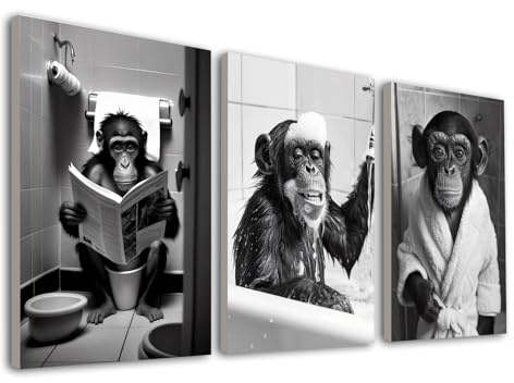 JINZUNRUI JZR Badezimmer Deko Bilder, Schwarz-weiß Bad Poster A4 Gäste WC Wandbilder mit Rahmen, Lustige Schimpansen Toilette Wand Deko, Leinwand Kunstdruck Badezimmer Bilder - 30x40 cm