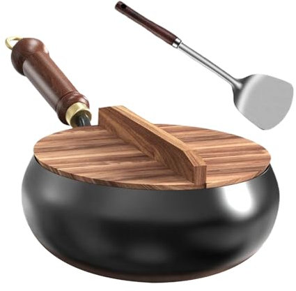 Fellflying Iron Skillet Pan - 2025 Handcrafted Uncoated Non-Stick Pure Iron Skillet with Wooden Lid, 24cm Non Stick Skillet Pan for Induction, Electric, and ga s Stoves, Cooking Utensils