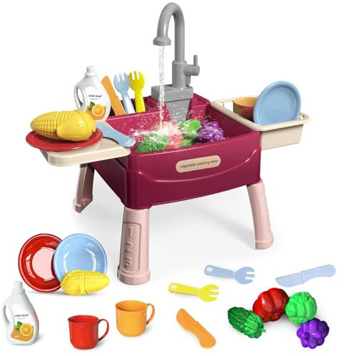 Lavello per Bambini,Lavello Giocattolo con Acqua,Sistemi Automatici di Circolazione Dell'acqua,Accessori Cucina Giocattolo giocare con il cibo e Tagliare Lavello Cucina per Bambini (Rosso)