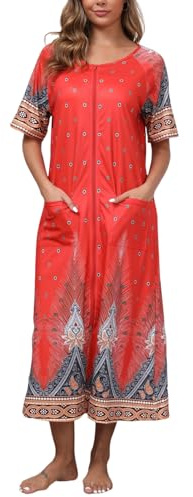 Rubehoow House Coat for Women Short Sleeve Zip Up Bathrobe with Pockets Mumu Moo Moomoo Dress Red,M