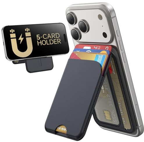TWZKG for MagSafe Wallet, 5 Cards Holder with Stand, Magnetic Phone Wallet Stand for iPhone 17/16/15/14/13/12 Pro Max Air Plus Series, RFID Blocking Vegan Leather,Black