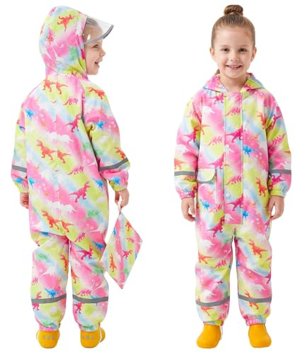 FILOWA Imperméable à Capuche Enfant Léger Combinaison de Pluie, 1-9 Ans | Fille Garçon Respirant Vestes, Bandes Réfléchissante, Licorne Dinosaure Motif, Vêtements de Pluie Unisexe, École Imperméables
