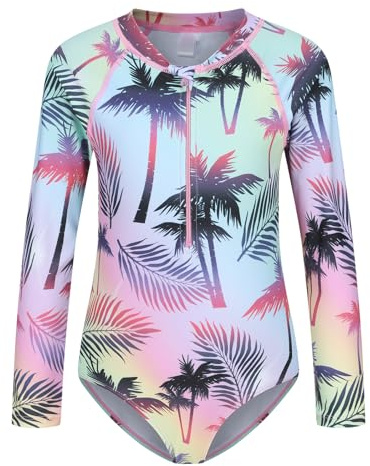 Big Girls Swimming Costume One Piece Swimsuit Long Sleeve Rash Guard Palm Tree Age 13-14 Years