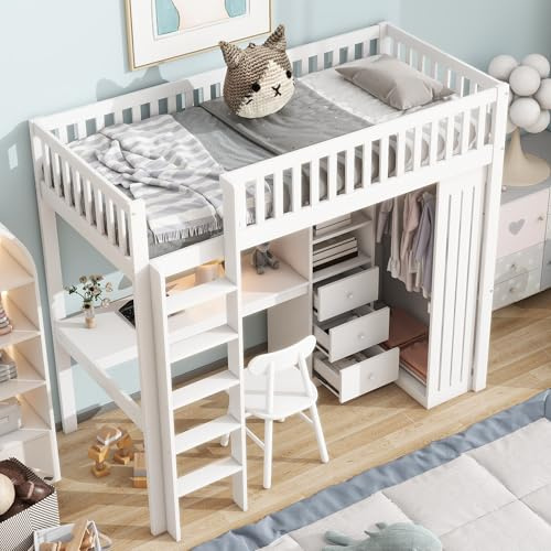 SACOOL Hochbett 90 * 200cm Schreibtisch Kleiderschrank 3 Schubladen offener Stauraum Geländer Treppe Ohne Matratze Weiß