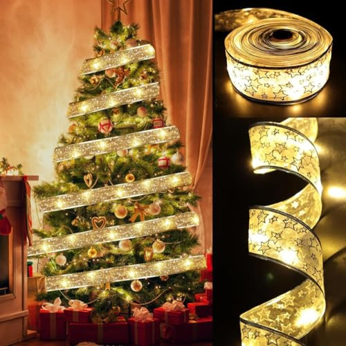 KATELUO Weihnachtsband Lichter, 10m 100 LED Glänzende Band Lichterkette Warmweiß, Weihnachtsbaum Band Lichter, Batteriebetriebene Weihnachtslichterkette für Weihnachten, Hochzeit, Party Deko