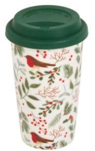 New Merry Robin Ceramic Travel Mug with Silicone Lid, Keeps Drinks Hotter for Longer, an All Over Print of Charming Robins Perched Among Evergreen Foliage, Perfect for Keeping Your Tea - White