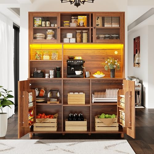 A ALFRESCOOL Hochschrank, Buffetschrank, Küchenschrank, Standvitrine mit Schubladen, MDF-Schranktüren, mit LED-Beleuchtung & Snackablage, für Küchen Wohnzimmer Bar, 140×40×185cm (Walnussbraun)