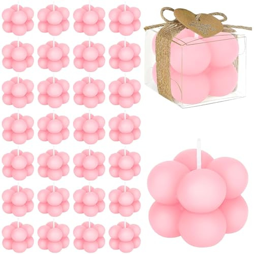 Lot de 30 Bougies Bulles Roses, Cadeaux d’Invités avec Boîtes | Mini Bougies Décoratives avec Cartes de Remerciement et Ficelle de Jute pour Mariage, Baptême, Baby Shower Fille et EVJF