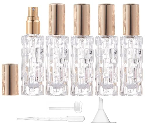 Aieino 5PCS 10ml Travel Perfume Atomiser Refillable Leakproof Travel Bottle | Funnel and Dispenser, Durable, Portable, Glass Spray Bottles, Mini Aftershave Sprayer, for Women, Pocket Handbag(Lines, Gold)