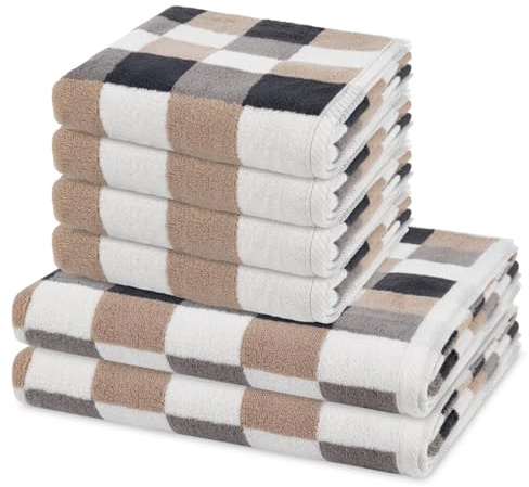 Ross 6er Set Cashmere Feeling Karo Handtücher & Duschtücher – Weicher, saugstarker Walkfrottee 500 g/m² – Garngefärbt, pflegeleicht Set aus 100% Baumwolle - Braun/weiß