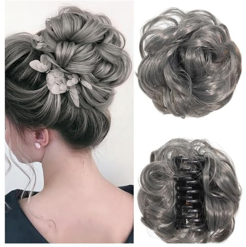 BrightGlow Chouchou moelleux avec pince - Postiche avec cheveux - Tendance - Accessoire de cheveux pour femme et fille - Gris foncé