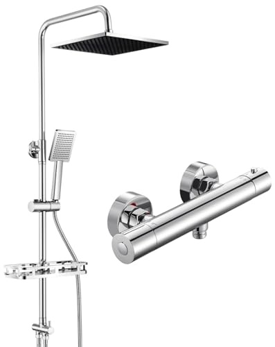 Auralum Regendusche mit Duscharmatur, Duscharmatur Komplettset mit Bohrfree-ablage, Dusche Komplettset mit Messing-Wasserteiler, 25cmx25cm Duschkopf, Höhenverstellbare Duschstange mit Regendusche
