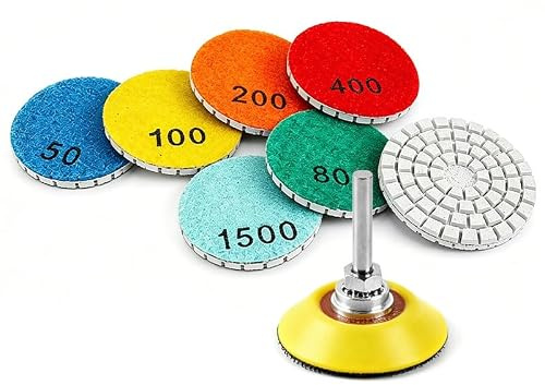 8Pcs 50mm Diamond Grinding Pad Set with 6mm Holder for Stone Polishing | 8 Grit Set With 6mm Round Handle Holder; Wet Sanding For Marble, Granite, Glass & Terrazzo