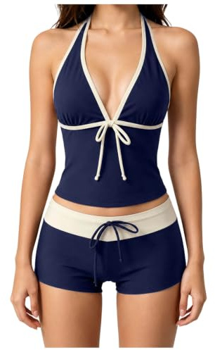 Cute Polka Dot Tankini Swimsuit for Women, 2 Piece 2000s Retro Summer Bikini Set with Shorts (Navy, XL)