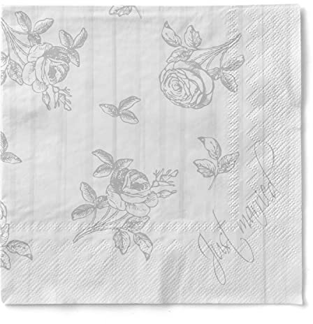 Sovie HOME Servietten HOCHZEIT in Grau aus 3-lagigem Tissue, 33 x 33cm, 1/4 Falz, 20 Stück, elegante Tischdeko mit zarten Rosen auf weißem Hintergrund
