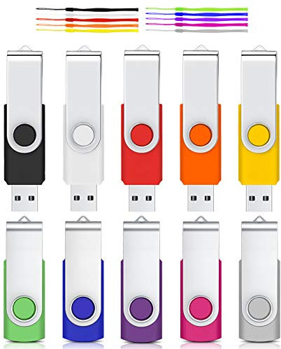 1GB USB Flash Drive, Cardfuss 10 Pack USB2.0 Memory Stick Swivel Thumb Drives USB Stick Jump Drive Pen Drive Data Storage with Led Indicator (Multi-Color with Lanyards)