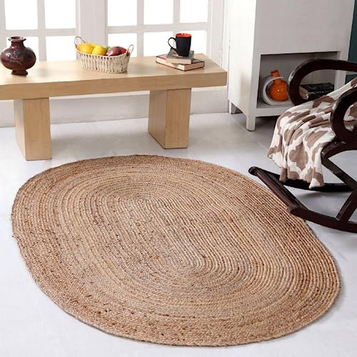Second Nature Online Dhaka Oval geflochtener Teppich, handgewebt mit indischer Naturjute - 90 cm x 150 cm
