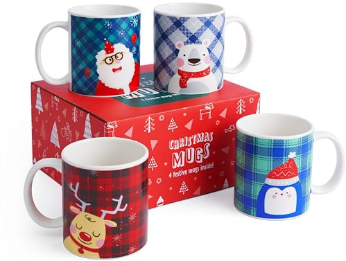 THE TWIDDLERS 4 Piezas Set de Regalo de Tazas Navideñas con Caja, 340ml - Porcelana Tazas de Café Navidad | Tema Festivo