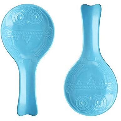 SWEEJAR Owl Ceramic Spoon Rest Set, Large Spoon Holder for Kitchen, Drip Catcher for Ladle, Spatula, Tongs, Cooking Accessories, Set of 2 (Steel Blue)