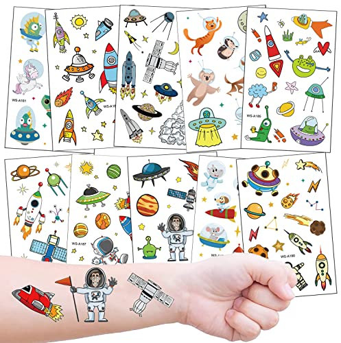 Tattoo Kinder, Weltraum Kindertattoo 10 Bögen für Mädchen Jungen zum Geburtstag Mitgebsel Geschenkidee
