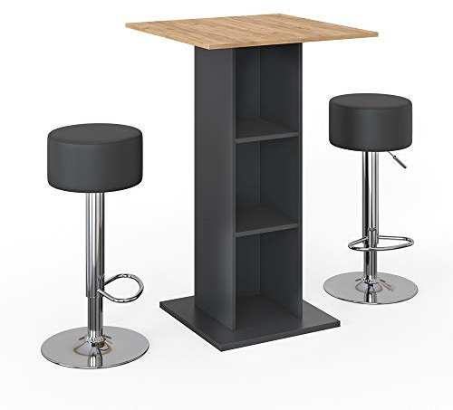 Vicco Bartisch-Set Rodeo, Anthrazit/Goldkraft Eiche, 70 x 70 cm mit 2 Barhockern