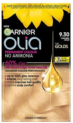 Garnier Olia Permanent Hair Dye, Up to 100% Grey Hair Coverage, No Ammonia, 60% Oils, Gold 9.30 Caramel Gold