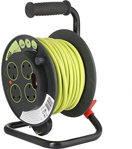 Jegs Four Socket Open Cable Reel Extension Lead with Winding Handle, Thermal Cut Out and Power Switch, 15 Metres High Visibility Green Cable