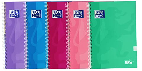 Oxford, Cuadernos A4 (Folio) Cuadrícula 4x4, Tapa Extradura, 80 Hojas, Pack 5 Libretas, Colores Tendencia