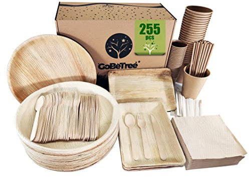 Vaisselle Jetable - En Feuilles de Palmier, 255 Pièces pour 25 Personnes, Assiettes Rondes Jetables avec Plateaux, Couverts en Bois, Verres et Gobelets à Café Kraft avec Bâtonnets, Camping,Barbecue