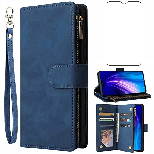 Asuwish Coque pour Xiaomi Redmi Note 8 Pro Portefeuille avec Verre Trempé et Porte Carte Chaine PU Cuir à Clapet Étui Housse Support Note8 8pro M1906G7G Protection Téléphone Case Femme Homme Bleu