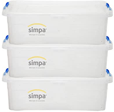 32 Litre 32L Stackable Compact Under Bed Plastic Storage Box with Clear Click Lock Closure Lid - 19cm (H) x 58cm (L) x 40cm (W) - Set of 3