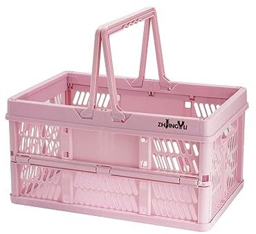 ZHJINGYU Collapsible Crate, 20L Collapsible Storage Box with Handle, Plastic Crate for Milk Clothes Toy Book Snack Fruit Grocery Storage (Pink)